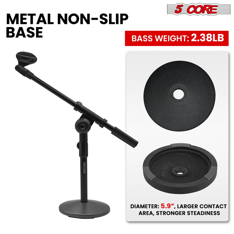 5 Core Mic Stand Height Adjustable 15.3 to 21.25" Short Desktop Stands w Telescopic Boom Arm and Round Base Low Profile Small Mic Holder Ideal for Desk Recording and Streaming Black -MSSB-3