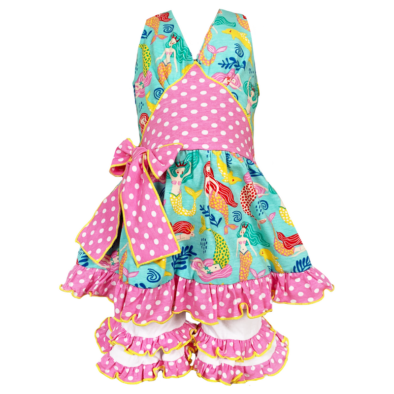 AnnLoren Girls Mermaid Halter Dress & White Ruffle Shorts Boutique Set-9
