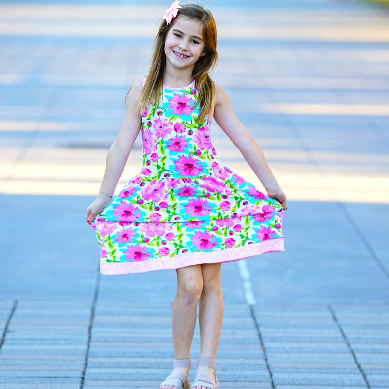 AnnLoren Little & Big Girls Spring Summer Floral Sleeveless Boutique Cotton Knit Dress-4