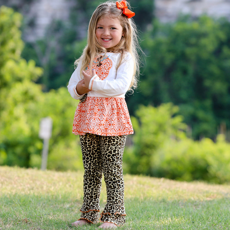 AnnLoren Girls Autumn Orange Pumpkin Leopard Tunic Thanksgiving Outfit-5