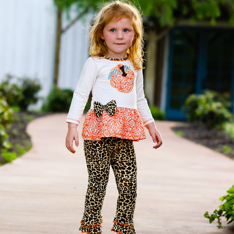 AnnLoren Girls Autumn Orange Pumpkin Leopard Tunic Thanksgiving Outfit-2