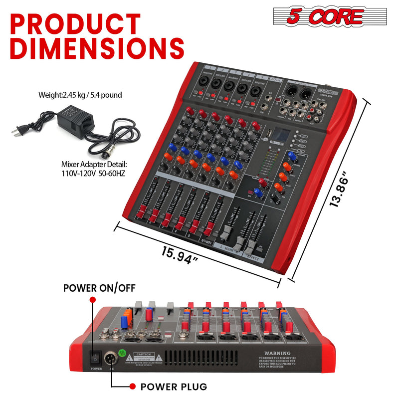 5 Core Audio Mixer DJ Equipment Digital Sound Board Karaoke XLR Mixers Professional 6 Channel Bluetooth USB w Effects for Recording Music Studio PC Podcast Instruments Consola De Sonido - MX 6CH-1