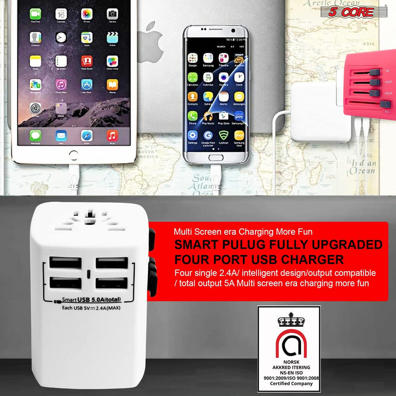 5 Core 3 Pieces Charger Universal Adapter Multi Outlet Port 4 USB Phone Power All in One Multi Cable Multiple Phone Charge 2.1 Amp Wall Plug White, Red & Black UTA 3pcs BRW-25