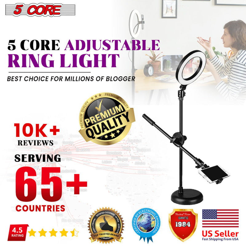 5 Core 6'' Ring Light Overhead Phone Mount LED Circle Lights 360?? Adjustable Shooting Arm Dimmable for Video Recording, Live Streaming, YouTube, Makeup, Instagram, TIK Tok 5Core Ring Mob PL-10