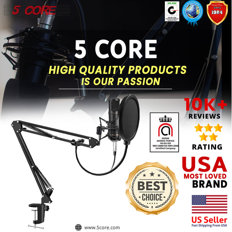 5 Core Microphone Stand Adjustable Suspension Boom Scissor Arm Mic Stand with 3/8/''to 5/8/'' Screw Adapter w Pop Filter Shock Mount - RM STND 3 P-9