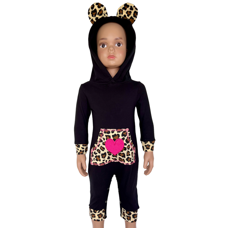 AnnLoren Girls Long Sleeve Leopard Heart Baby Toddler Romper Hoodie One Piece-5