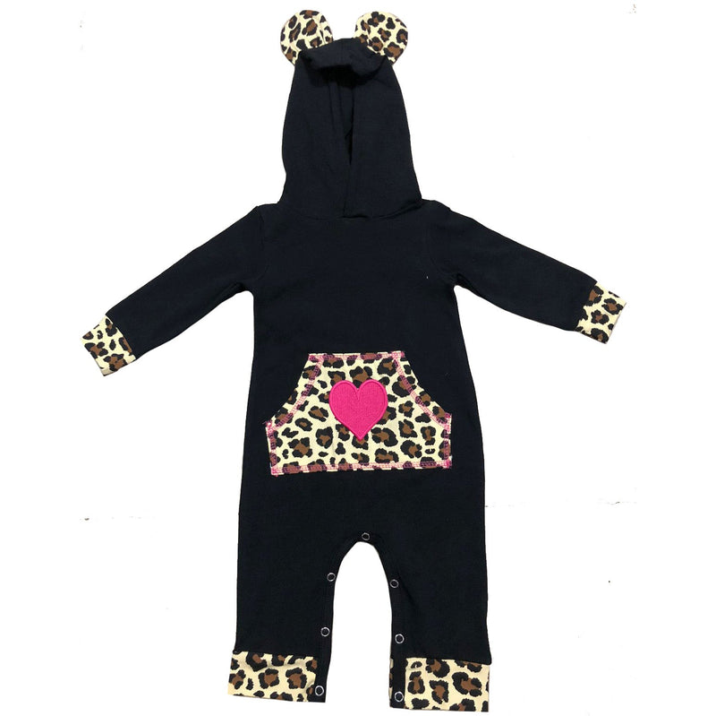 AnnLoren Girls Long Sleeve Leopard Heart Baby Toddler Romper Hoodie One Piece-0