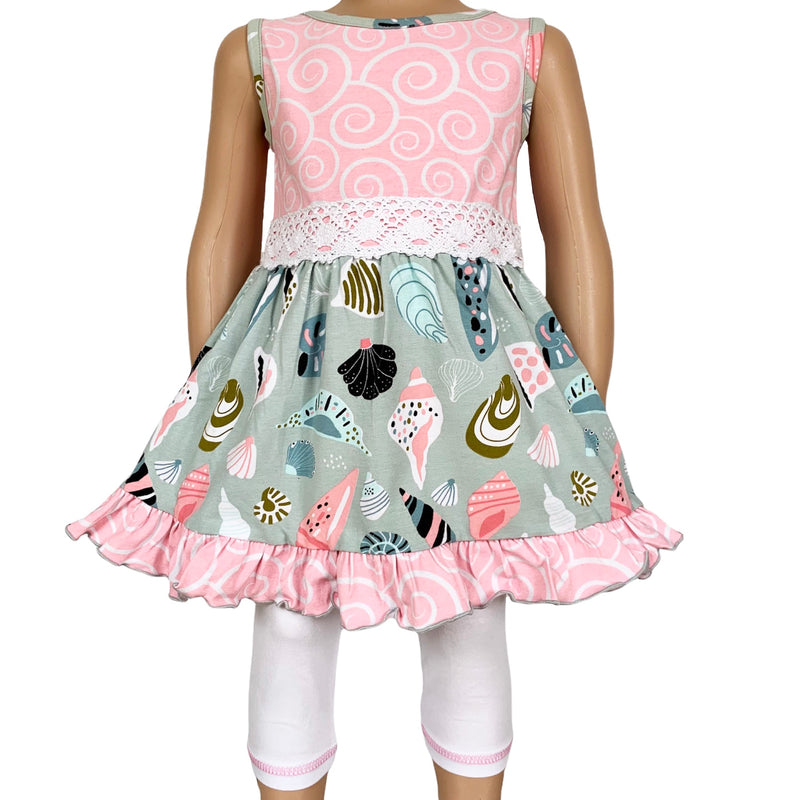 AnnLoren Girls Seashells & Swirls Dress & White Capri Leggings Boutique Set-0