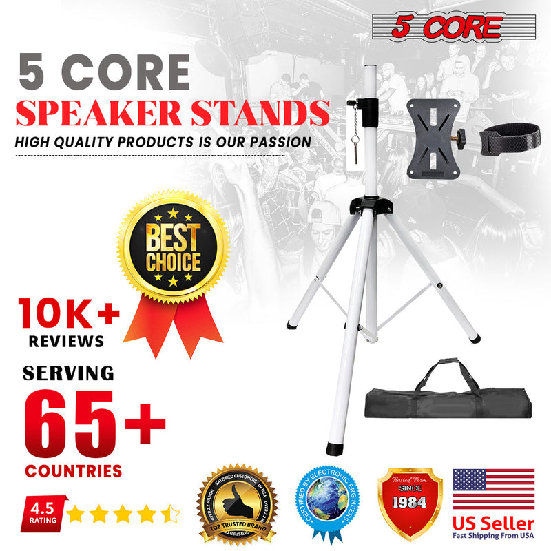 5 Core Speakers Stands 1 Piece White Heavy Duty Height Adjustable Tripod PA Speaker Stand For Large Speakers DJ Stand Para Bocinas Includes Carry Bag- SS HD 1 PK WH BAG-13