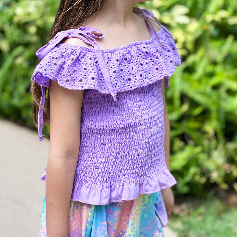 AL Limited Little & Big Girls Purple Eyelet Smocked Top and Tie Dye Skirt-1