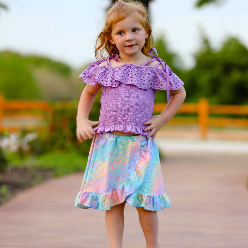 AL Limited Little & Big Girls Purple Eyelet Smocked Top and Tie Dye Skirt-4