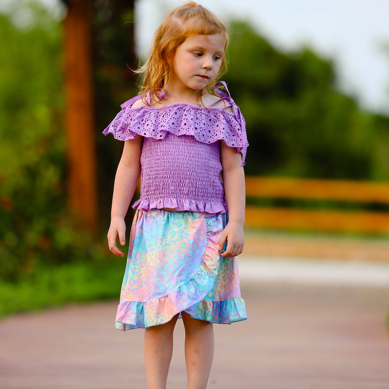 AL Limited Little & Big Girls Purple Eyelet Smocked Top and Tie Dye Skirt-6