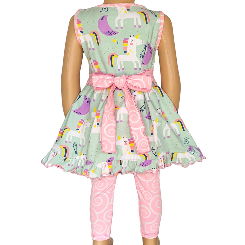 AnnLoren Little & Big Girls Unicorns Rainbow Dress & Pink Swirl Leggings Outfit-1