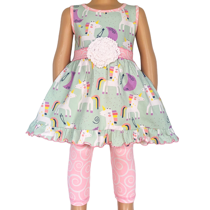 AnnLoren Little & Big Girls Unicorns Rainbow Dress & Pink Swirl Leggings Outfit-0