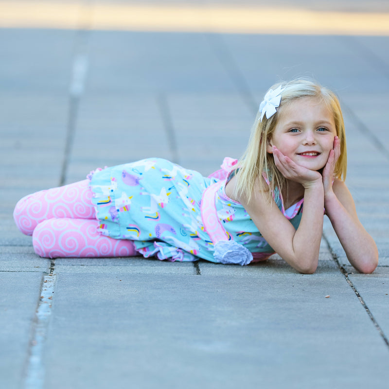 AnnLoren Little & Big Girls Unicorns Rainbow Dress & Pink Swirl Leggings Outfit-5