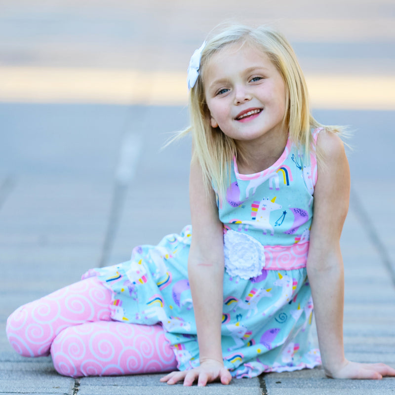 AnnLoren Little & Big Girls Unicorns Rainbow Dress & Pink Swirl Leggings Outfit-4