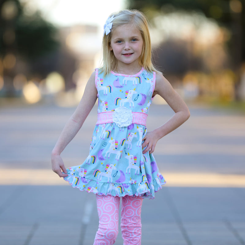 AnnLoren Little & Big Girls Unicorns Rainbow Dress & Pink Swirl Leggings Outfit-2