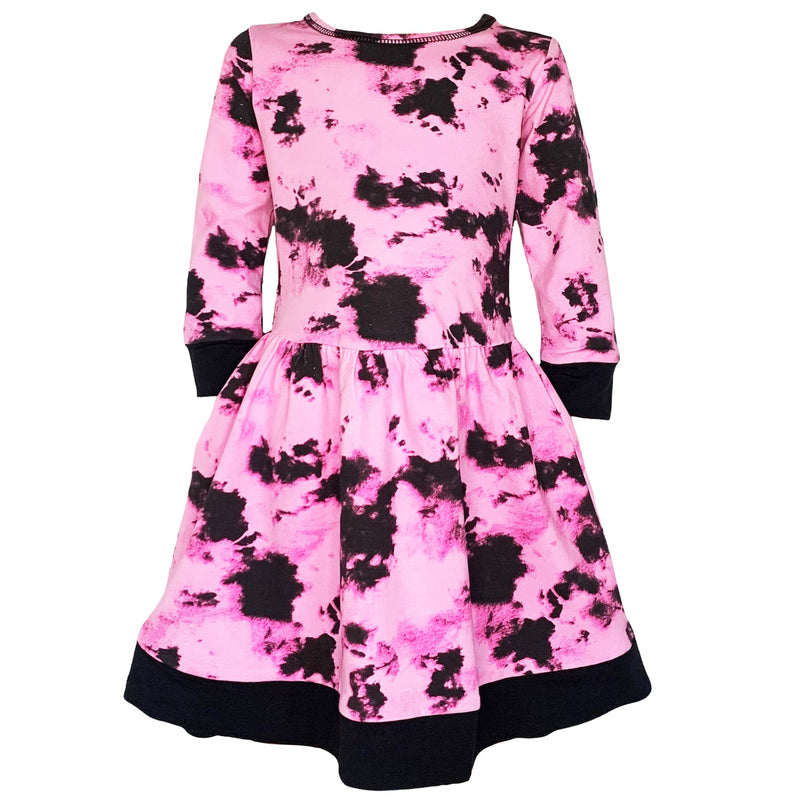 AnnLoren Girls Boutique Pink Black White Tie Dye Long Sleeve Cotton Dress-0