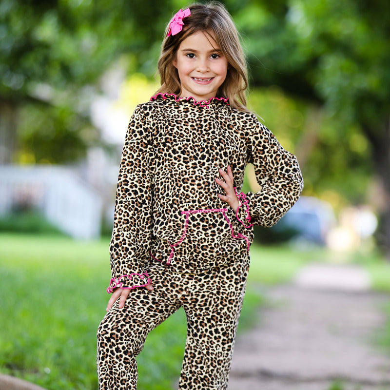 AnnLoren Girls Leopard Ruffle Hoodie 2 Pc Fashion Track Suit-4