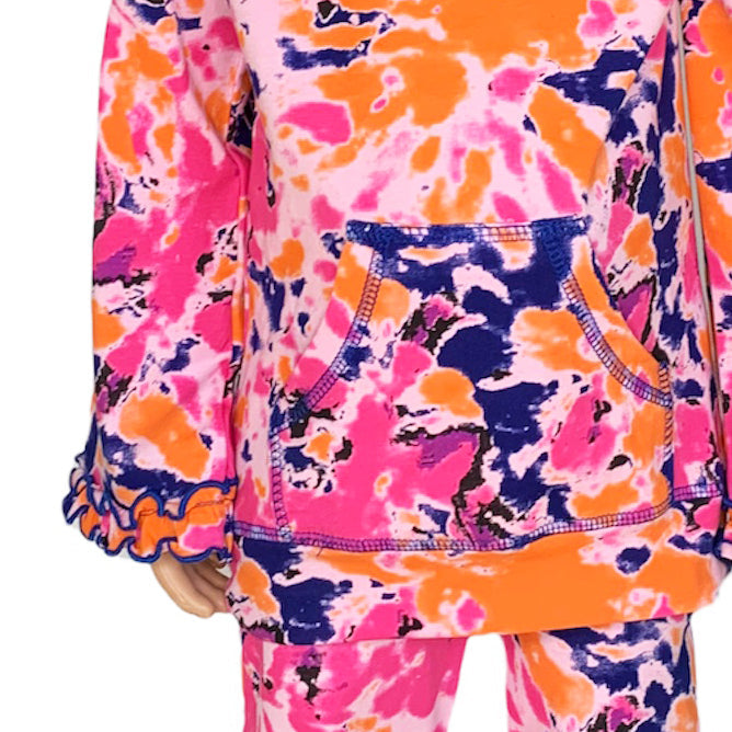 AnnLoren Girls Pink, Orange & Purple Tie Dye Ruffle Hoodie 2 Pc Fashion Track Suit-6