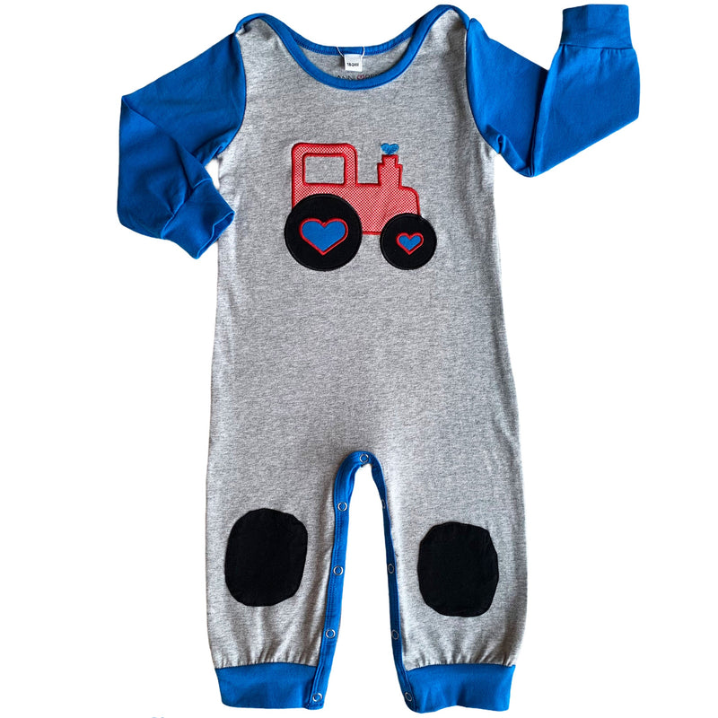 AnnLoren Baby Toddler Boys Long Sleeve Truck Romper Blue and Grey-0
