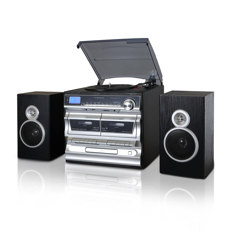 Trexonic 3-Speed Vinyl Turntable  Home Stereo System with CD Player, Double Cassette Player, Bluetooth, FM Radio & USB/SD Recording