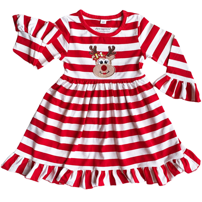 AnnLoren Girls Boutique Red Stripe Christmas Rudolf the Reindeer Swing Dress-6