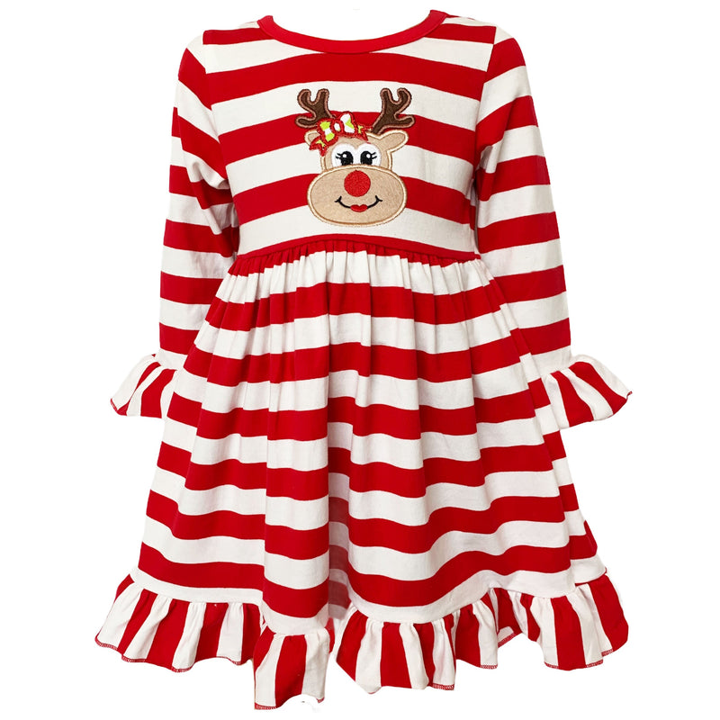 AnnLoren Girls Boutique Red Stripe Christmas Rudolf the Reindeer Swing Dress-0