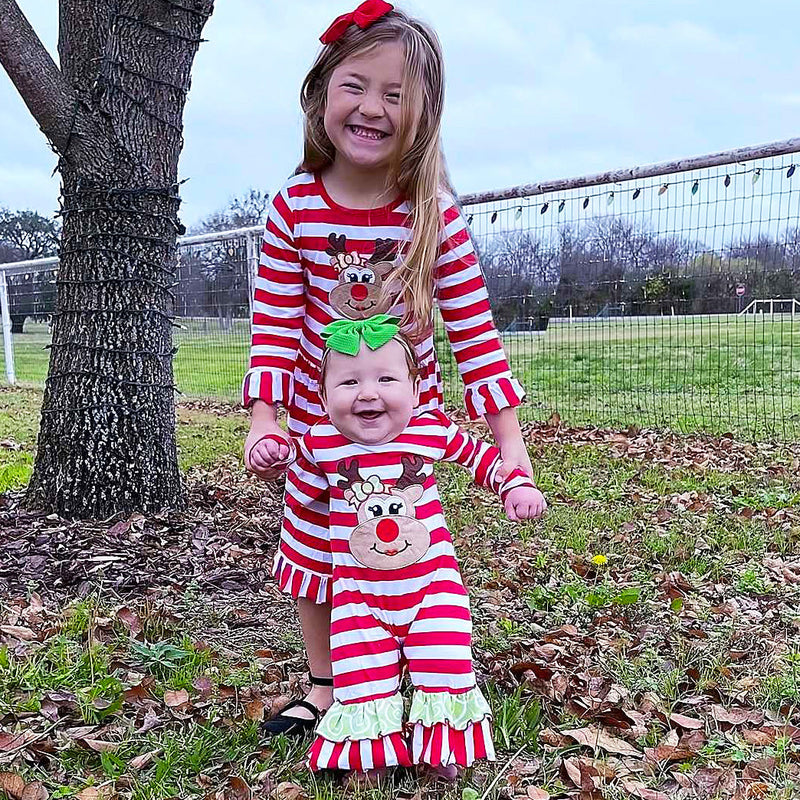 AnnLoren Baby Toddler Girls Boutique Christmas Reindeer Red Striped Romper-3