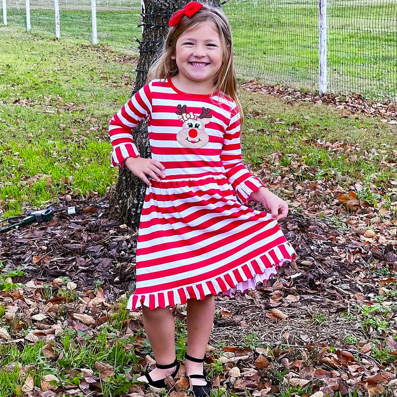 AnnLoren Girls Boutique Red Stripe Christmas Rudolf the Reindeer Swing Dress-2