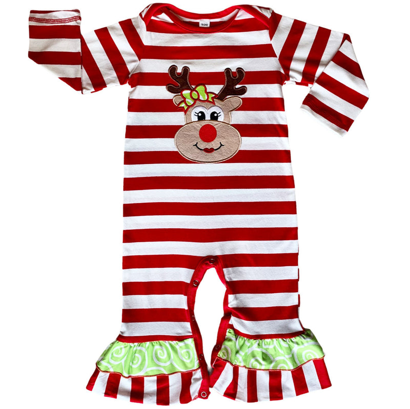 AnnLoren Baby Toddler Girls Boutique Christmas Reindeer Red Striped Romper-6