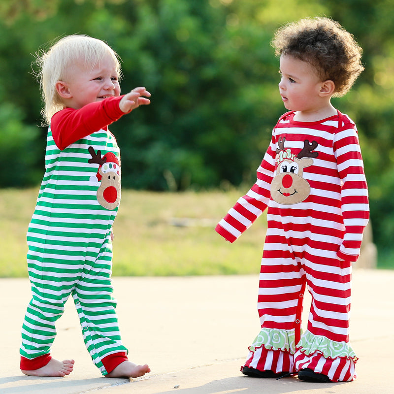 AnnLoren Baby Toddler Girls Boutique Christmas Reindeer Red Striped Romper-5
