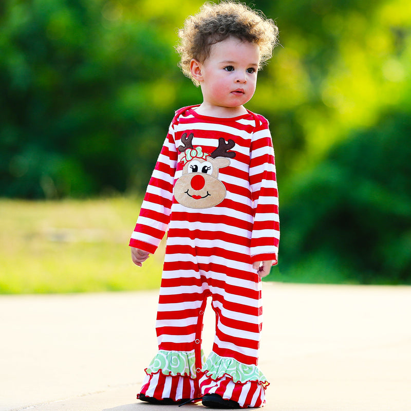 AnnLoren Baby Toddler Girls Boutique Christmas Reindeer Red Striped Romper-1