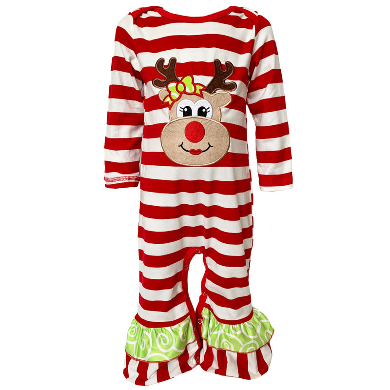 AnnLoren Baby Toddler Girls Boutique Christmas Reindeer Red Striped Romper-0