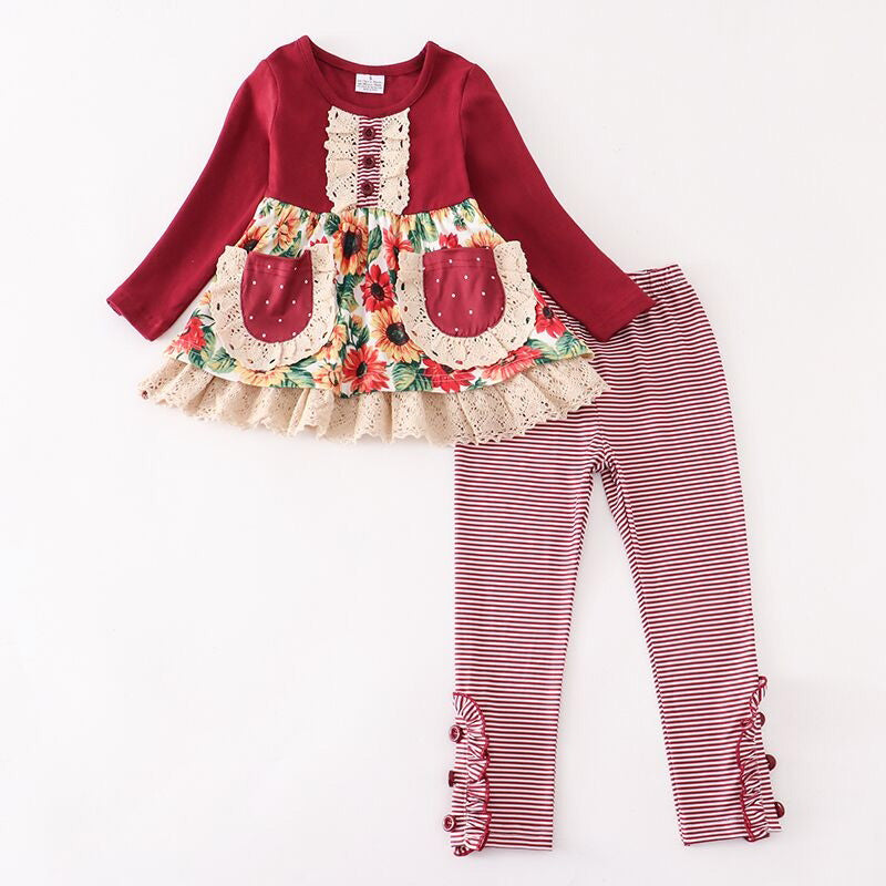 Girls Boutique Holiday Outfit Burgundy Ruffle Tunic & Striped Leggings-0