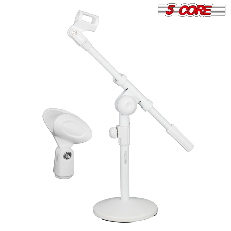 5 Core Mic Stand Height Adjustable 15.35 to 21.25" Short Desktop Stands w Telescopic Arm and Round Base Low Profile Small Mic Holder Ideal for Desk Recording and Streaming White 1Pc - MSSB W-8