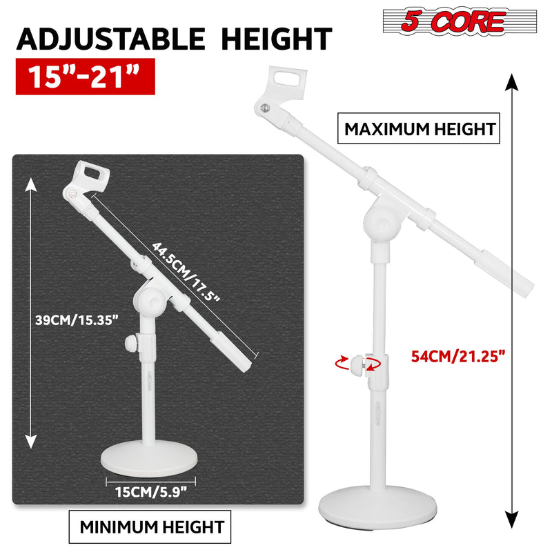 5 Core Mic Stand Height Adjustable 15.35 to 21.25" Short Desktop Stands w Telescopic Arm and Round Base Low Profile Small Mic Holder Ideal for Desk Recording and Streaming White 1Pc - MSSB W-3