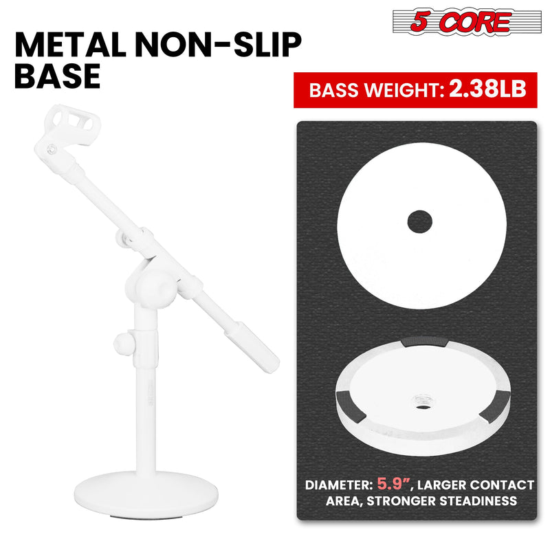 5 Core Mic Stand Height Adjustable 15.35 to 21.25" Short Desktop Stands w Telescopic Arm and Round Base Low Profile Small Mic Holder Ideal for Desk Recording and Streaming White 1Pc - MSSB W-4
