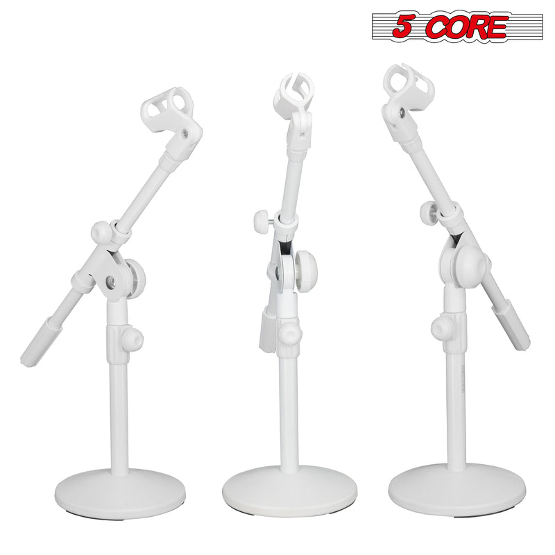 5 Core Mic Stand Height Adjustable 15.35 to 21.25" Short Desktop Stands w Telescopic Arm and Round Base Low Profile Small Mic Holder Ideal for Desk Recording and Streaming White 1Pc - MSSB W-2
