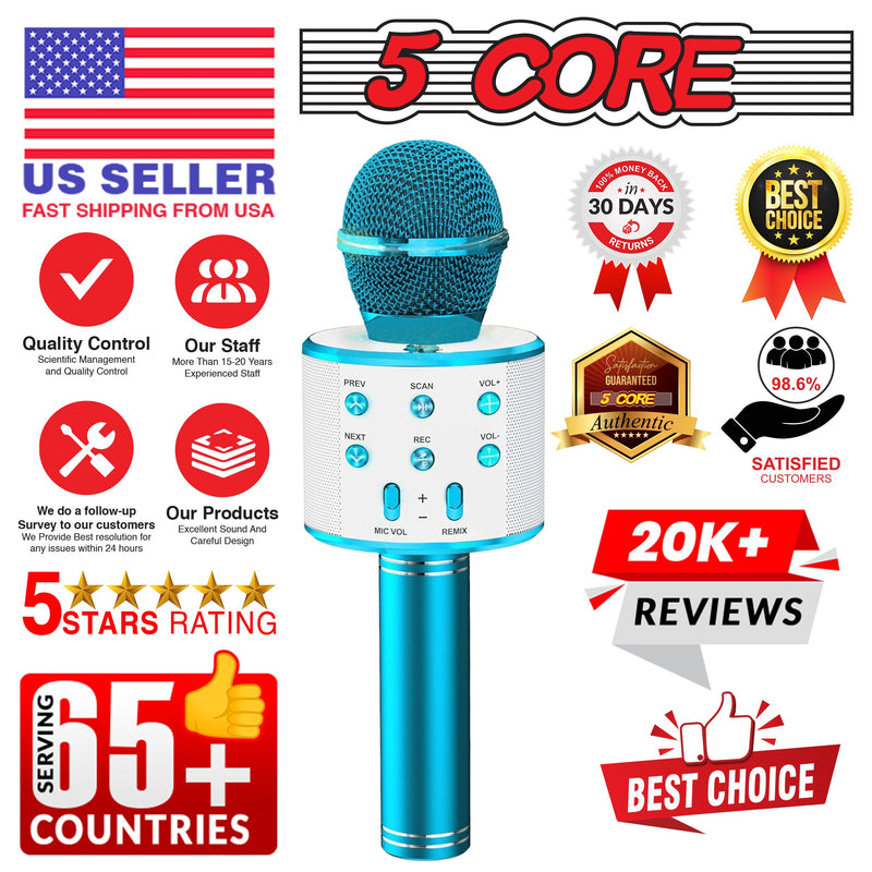 5 Core Bluetooth Wireless Karaoke Microphone, All-in-One Premium Handheld Karaoke Mic Speaker Recorder Player w/ Adjustable Remix FM Radio Great Gifts for Girls Boys Adults All Age (Blue)- WM SKP BLU-9