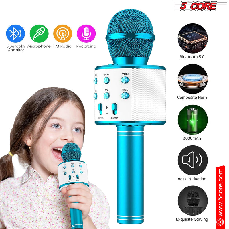 5 Core Bluetooth Wireless Karaoke Microphone, All-in-One Premium Handheld Karaoke Mic Speaker Recorder Player w/ Adjustable Remix FM Radio Great Gifts for Girls Boys Adults All Age (Blue)- WM SKP BLU-4