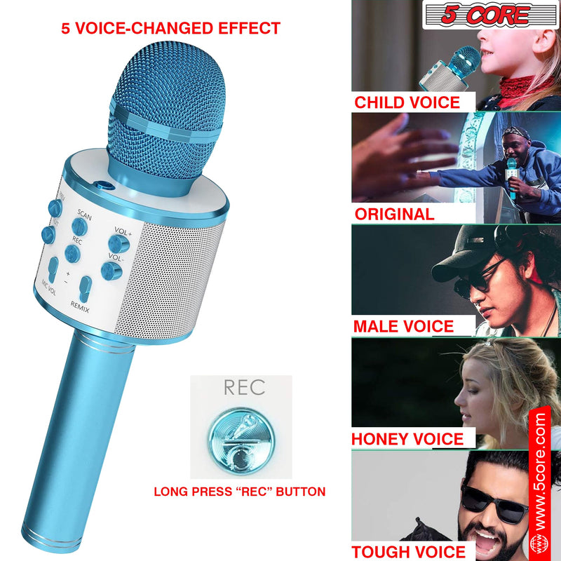 5 Core Bluetooth Wireless Karaoke Microphone, All-in-One Premium Handheld Karaoke Mic Speaker Recorder Player w/ Adjustable Remix FM Radio Great Gifts for Girls Boys Adults All Age (Blue)- WM SKP BLU-7