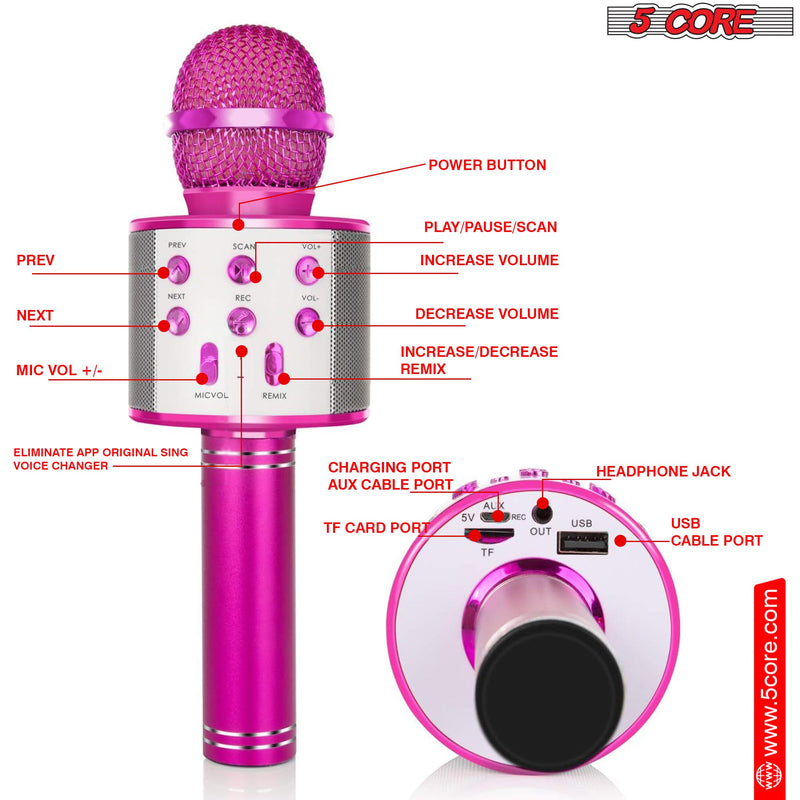 5 Core Bluetooth Wireless Karaoke Microphone, All-in-One Premium Handheld Karaoke Mic Speaker Recorder Player w/ Adjustable Remix FM Radio Great Gifts for Girls Boys Adults All Age (Pink)- WM SPK PINK-5