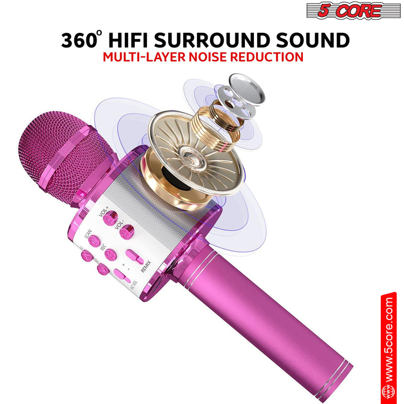 5 Core Bluetooth Wireless Karaoke Microphone, All-in-One Premium Handheld Karaoke Mic Speaker Recorder Player w/ Adjustable Remix FM Radio Great Gifts for Girls Boys Adults All Age (Pink)- WM SPK PINK-3