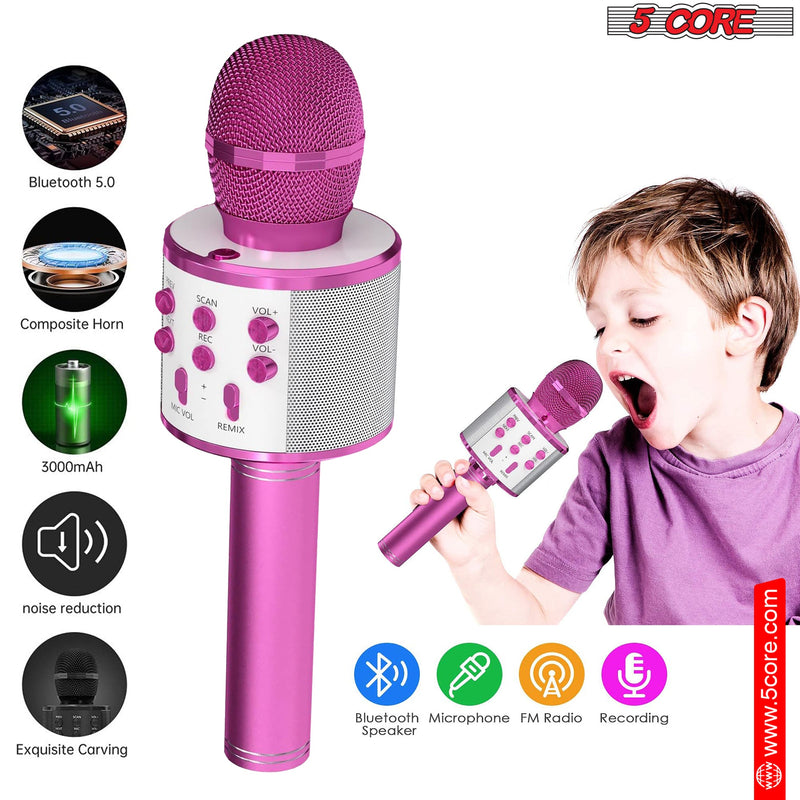 5 Core Bluetooth Wireless Karaoke Microphone, All-in-One Premium Handheld Karaoke Mic Speaker Recorder Player w/ Adjustable Remix FM Radio Great Gifts for Girls Boys Adults All Age (Pink)- WM SPK PINK-7