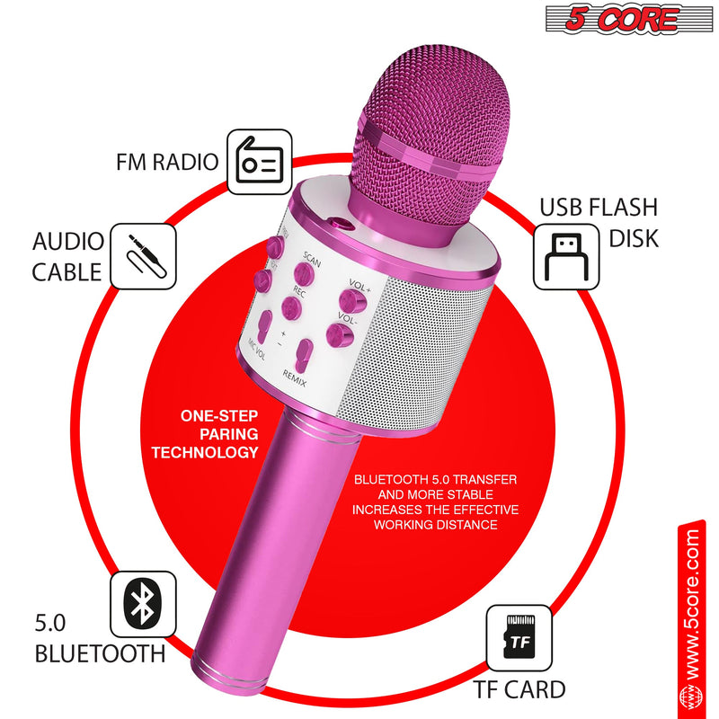 5 Core Bluetooth Wireless Karaoke Microphone, All-in-One Premium Handheld Karaoke Mic Speaker Recorder Player w/ Adjustable Remix FM Radio Great Gifts for Girls Boys Adults All Age (Pink)- WM SPK PINK-8