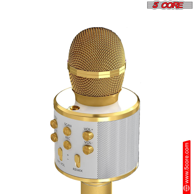 5 Core Bluetooth Wireless Karaoke Microphone, All-in-One Premium Handheld Karaoke Mic Speaker Recorder Player w/ Adjustable Remix FM Radio Great Gifts for Girls Boys Adults All Age (Gold)- WM SPK GLD-1