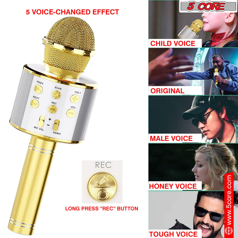 5 Core Bluetooth Wireless Karaoke Microphone, All-in-One Premium Handheld Karaoke Mic Speaker Recorder Player w/ Adjustable Remix FM Radio Great Gifts for Girls Boys Adults All Age (Gold)- WM SPK GLD-9