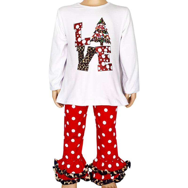 AL Limited Girls LOVE Christmas Top & Red Polka Dot Ruffle Pants Set-0