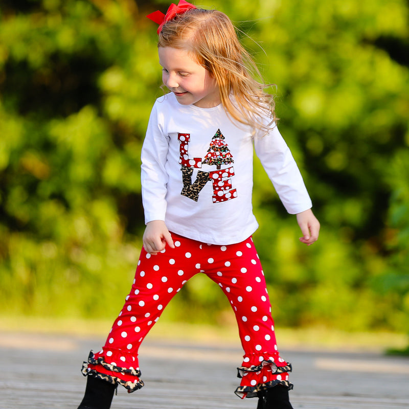 AL Limited Girls LOVE Christmas Top & Red Polka Dot Ruffle Pants Set-6